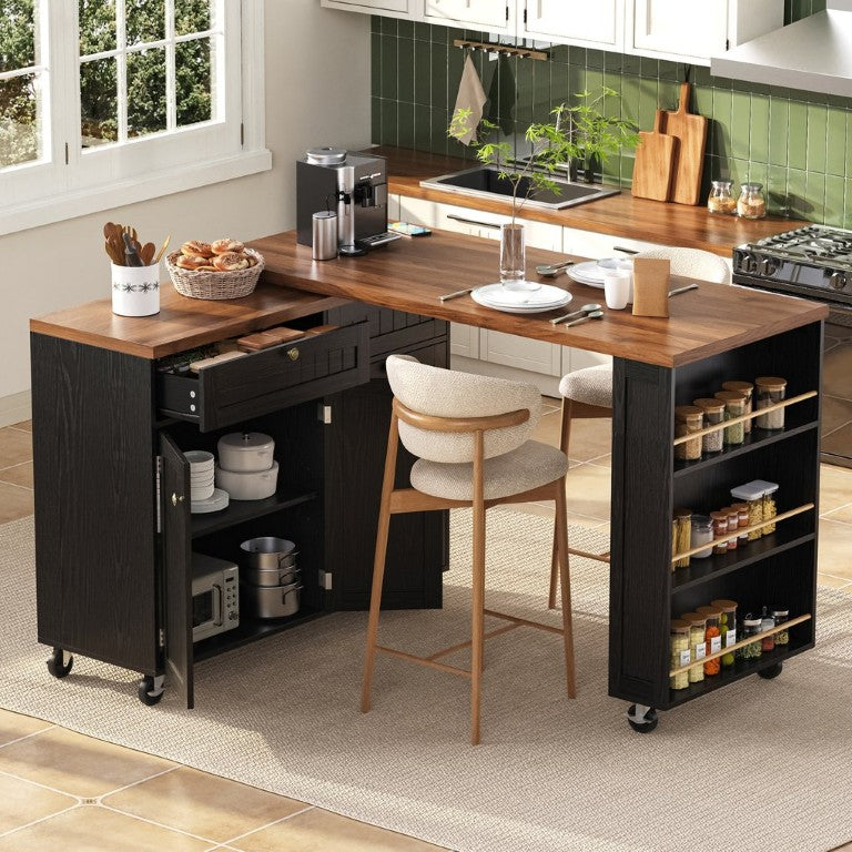 English Elm K&k Farmhouse Rolling Kitchen Island with Swivel Top Power Outlet and Hidden Trash Cabinet Black N707P496448B