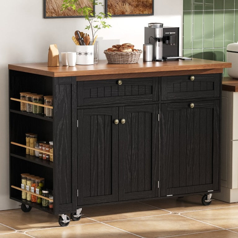 English Elm K&k Farmhouse Rolling Kitchen Island with Swivel Top Power Outlet and Hidden Trash Cabinet Black N707P496448B