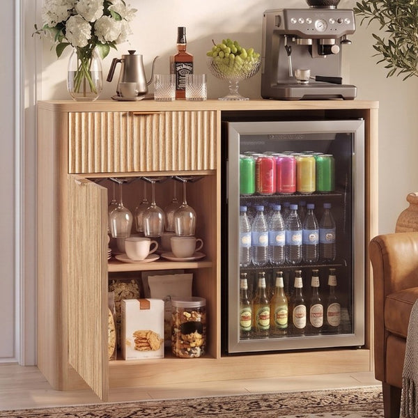 English Elm K&k Fluted Walnut Bar Cabinet with Fridge Space Stemware Storage and Charging Hub Natural Oak N707P508910Y