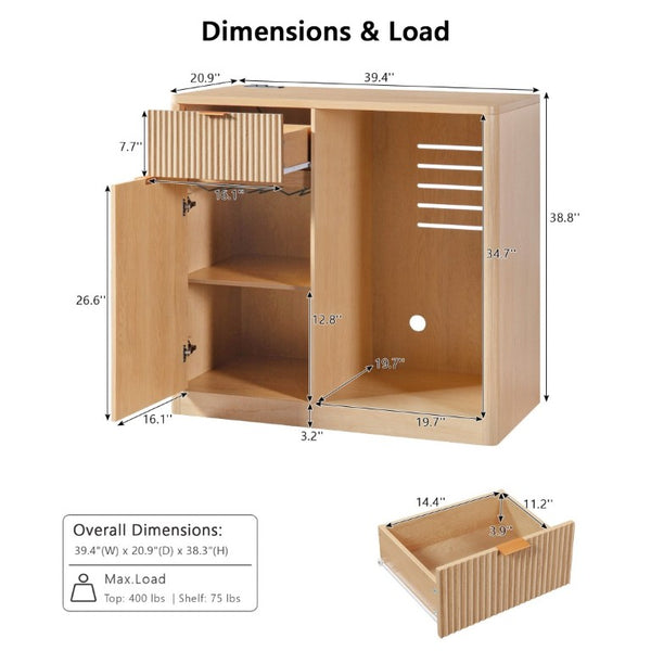 English Elm K&k Fluted Walnut Bar Cabinet with Fridge Space Stemware Storage and Charging Hub Natural Oak N707P508910Y