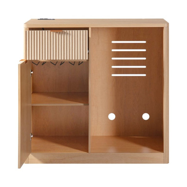 English Elm K&k Fluted Walnut Bar Cabinet with Fridge Space Stemware Storage and Charging Hub Natural Oak N707P508910Y