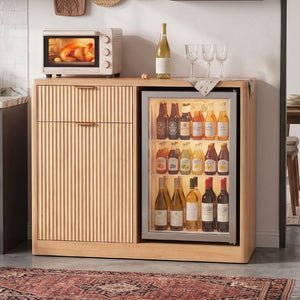 English Elm K&k Fluted Walnut Bar Cabinet with Fridge Space Stemware Storage and Charging Hub Natural Oak N707P508910Y