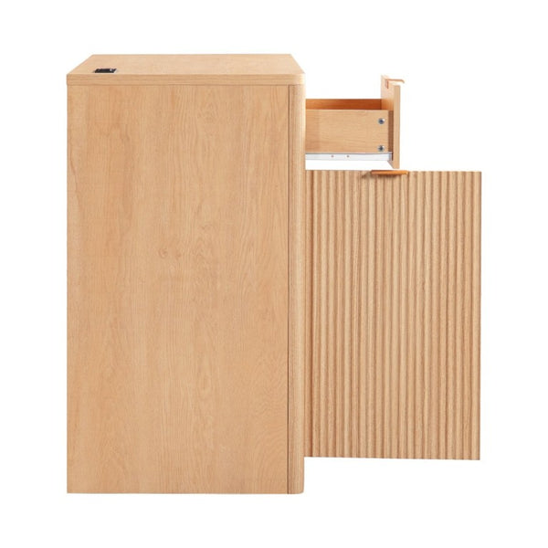 English Elm K&k Fluted Walnut Bar Cabinet with Fridge Space Stemware Storage and Charging Hub Natural Oak N707P508910Y