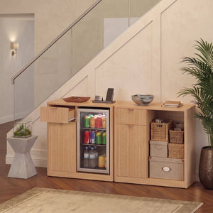 English Elm K&k Fluted Walnut Bar Cabinet with Fridge Space Stemware Storage and Charging Hub Natural Oak N707P508910Y