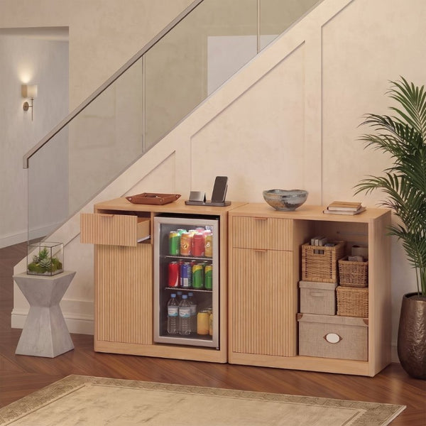 English Elm K&k Fluted Walnut Bar Cabinet with Fridge Space Stemware Storage and Charging Hub Natural Oak N707P508910Y