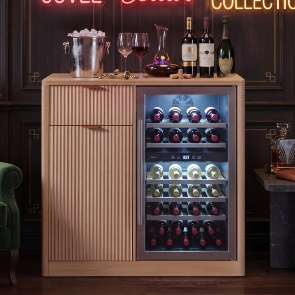 English Elm K&k Fluted Walnut Bar Cabinet with Fridge Space Stemware Storage and Charging Hub Natural Oak N707P508910Y