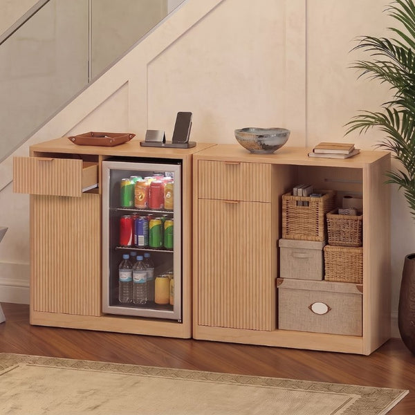 English Elm K&k Fluted Walnut Bar Cabinet with Fridge Space Stemware Storage and Charging Hub Natural Oak N707P508910Y