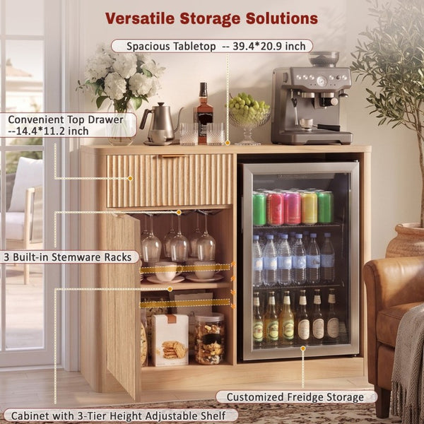 English Elm K&k Fluted Walnut Bar Cabinet with Fridge Space Stemware Storage and Charging Hub Natural Oak N707P508910Y