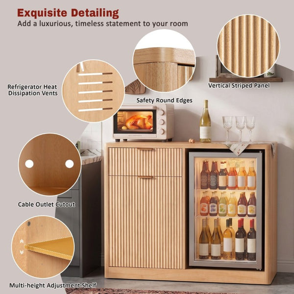 English Elm K&k Fluted Walnut Bar Cabinet with Fridge Space Stemware Storage and Charging Hub Natural Oak N707P508910Y