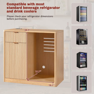 English Elm K&k Fluted Walnut Bar Cabinet with Fridge Space Stemware Storage and Charging Hub Natural Oak N707P508910Y