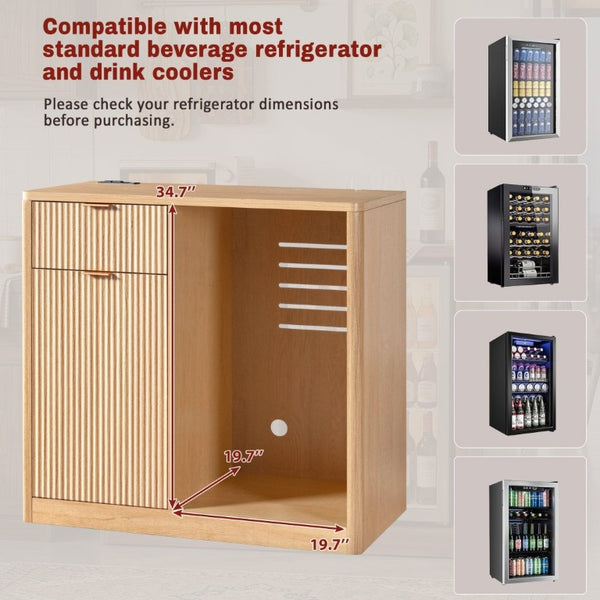 English Elm K&k Fluted Walnut Bar Cabinet with Fridge Space Stemware Storage and Charging Hub Natural Oak N707P508910Y