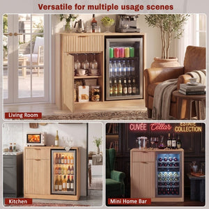 English Elm K&k Fluted Walnut Bar Cabinet with Fridge Space Stemware Storage and Charging Hub Natural Oak N707P508910Y