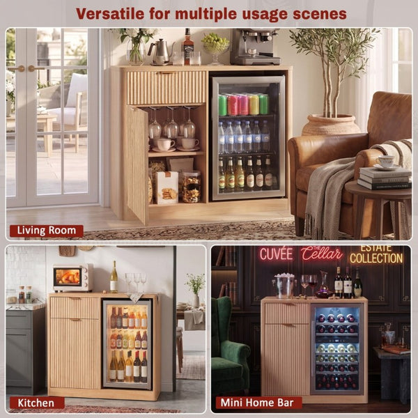 English Elm K&k Fluted Walnut Bar Cabinet with Fridge Space Stemware Storage and Charging Hub Natural Oak N707P508910Y