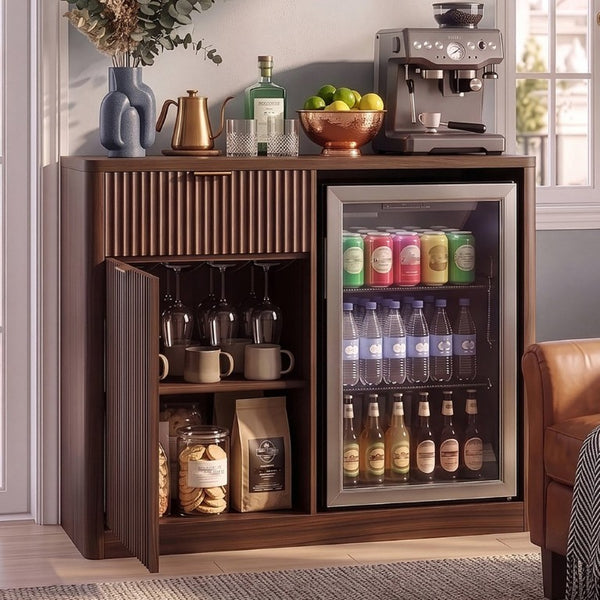 English Elm K&k Fluted Walnut Bar Cabinet with Fridge Space Stemware Storage and Charging Hub Walnut Brown N707P508910Z