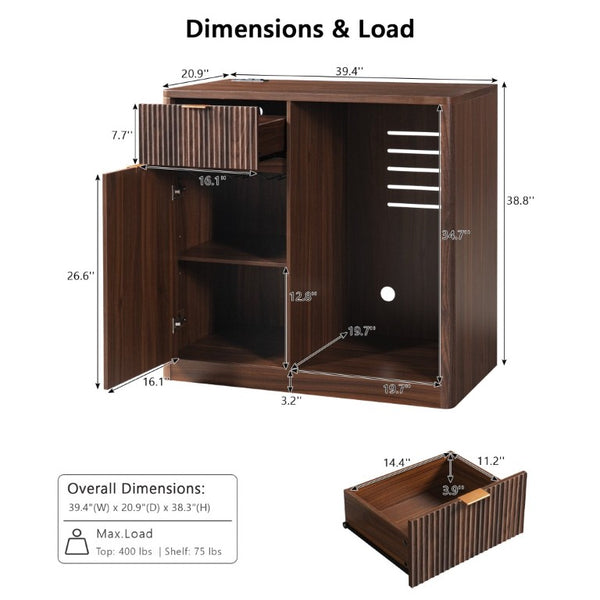 English Elm K&k Fluted Walnut Bar Cabinet with Fridge Space Stemware Storage and Charging Hub Walnut Brown N707P508910Z