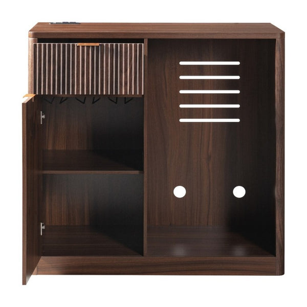English Elm K&k Fluted Walnut Bar Cabinet with Fridge Space Stemware Storage and Charging Hub Walnut Brown N707P508910Z