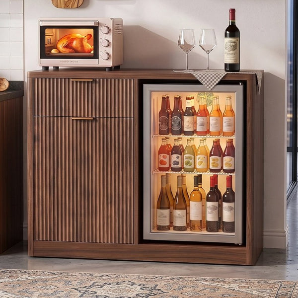 English Elm K&k Fluted Walnut Bar Cabinet with Fridge Space Stemware Storage and Charging Hub Walnut Brown N707P508910Z