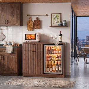 English Elm K&k Fluted Walnut Bar Cabinet with Fridge Space Stemware Storage and Charging Hub Walnut Brown N707P508910Z
