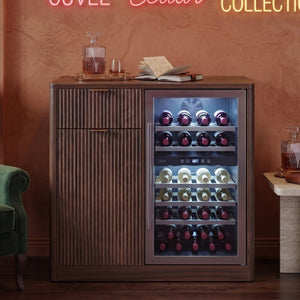 English Elm K&k Fluted Walnut Bar Cabinet with Fridge Space Stemware Storage and Charging Hub Walnut Brown N707P508910Z