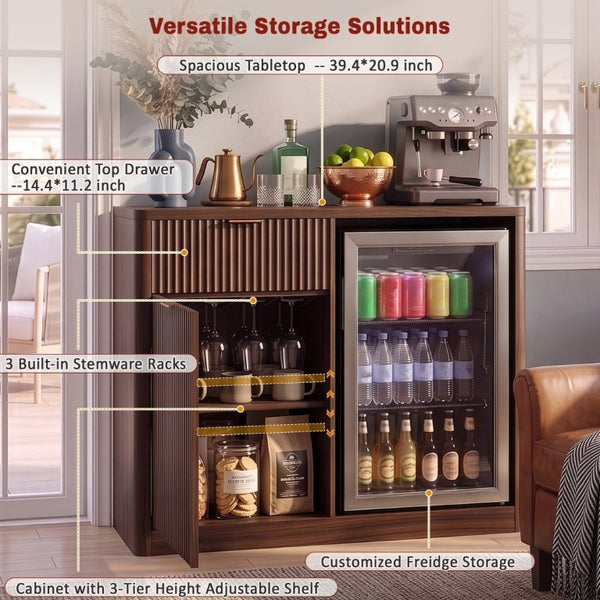 English Elm K&k Fluted Walnut Bar Cabinet with Fridge Space Stemware Storage and Charging Hub Walnut Brown N707P508910Z