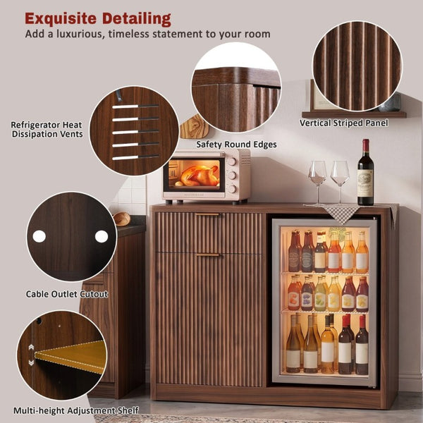 English Elm K&k Fluted Walnut Bar Cabinet with Fridge Space Stemware Storage and Charging Hub Walnut Brown N707P508910Z
