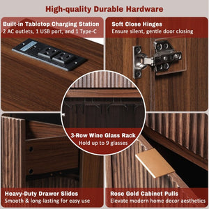 English Elm K&k Fluted Walnut Bar Cabinet with Fridge Space Stemware Storage and Charging Hub Walnut Brown N707P508910Z