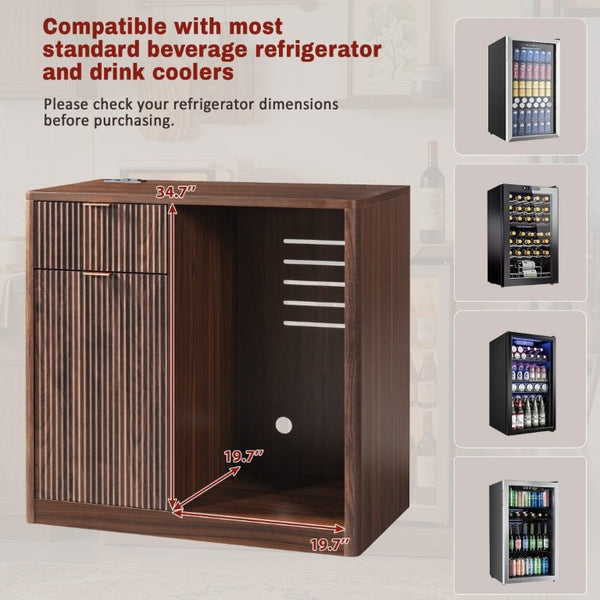 English Elm K&k Fluted Walnut Bar Cabinet with Fridge Space Stemware Storage and Charging Hub Walnut Brown N707P508910Z