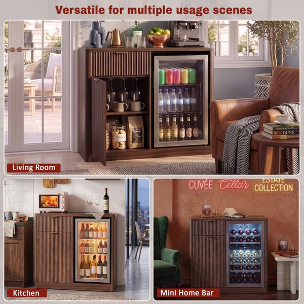 English Elm K&k Fluted Walnut Bar Cabinet with Fridge Space Stemware Storage and Charging Hub Walnut Brown N707P508910Z