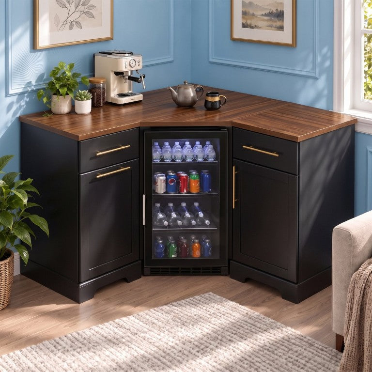 English Elm K&k L-Shaped Corner Bar Cabinet with Fridge Bay Stemware Rack and Built-In Power N707P542034B