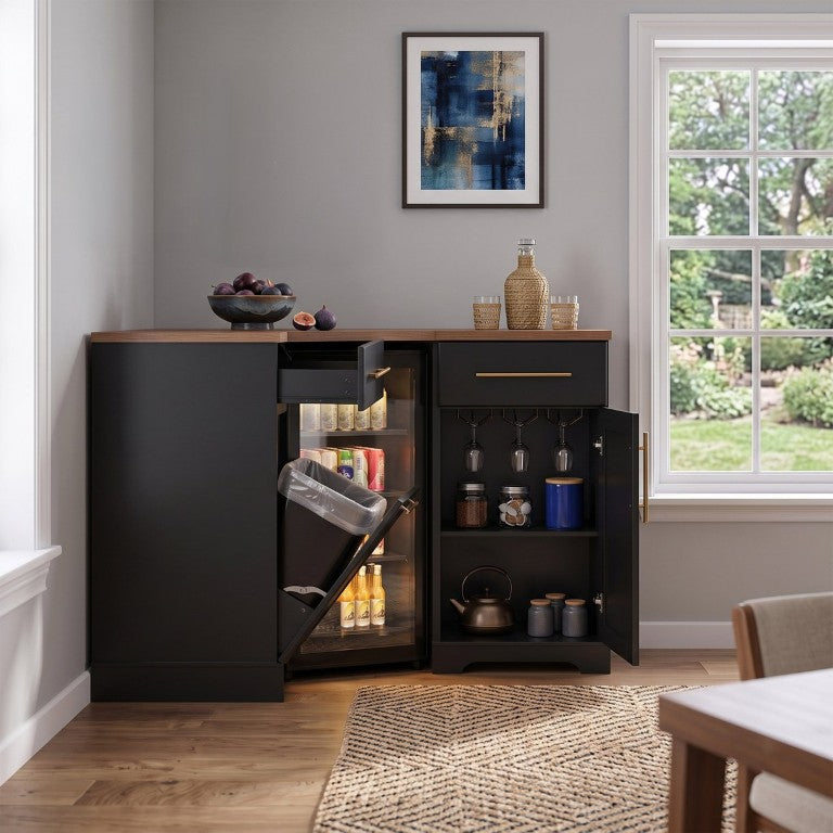 English Elm K&k L-Shaped Corner Bar Cabinet with Fridge Bay Stemware Rack and Built-In Power N707P542034B