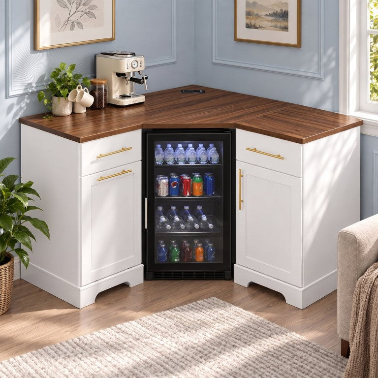 English Elm K&k L Shaped Corner Bar Cabinet with Fridge Cutout Power Station and Stemware Storage N707P542034W