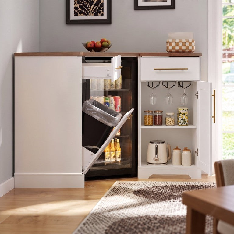 English Elm K&k L Shaped Corner Bar Cabinet with Fridge Cutout Power Station and Stemware Storage N707P542034W