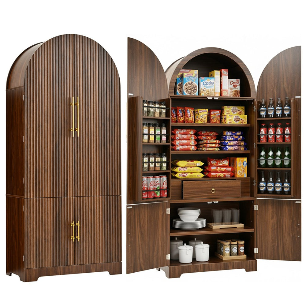 English Elm K&k Fluted Pantry Cabinet Arched Dome Top Brass Pulls Brown Wood Grain Freestanding N707S000020Z