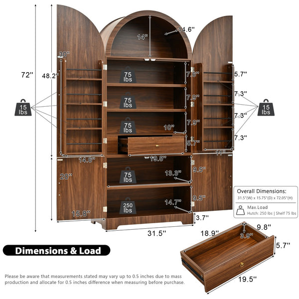 English Elm K&k Fluted Pantry Cabinet Arched Dome Top Brass Pulls Brown Wood Grain Freestanding N707S000020Z