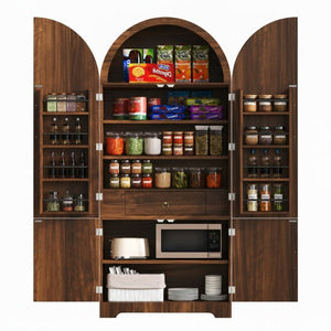English Elm K&k Fluted Pantry Cabinet Arched Dome Top Brass Pulls Brown Wood Grain Freestanding N707S000020Z