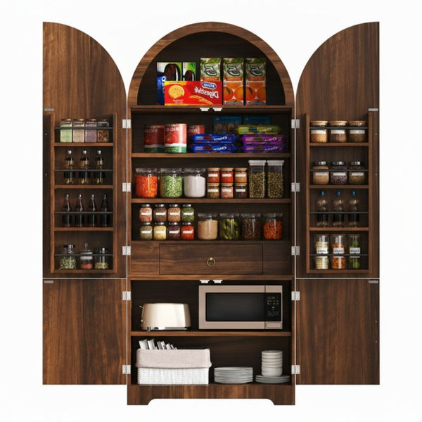 English Elm K&k Fluted Pantry Cabinet Arched Dome Top Brass Pulls Brown Wood Grain Freestanding N707S000020Z
