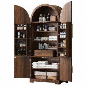 English Elm K&k Fluted Pantry Cabinet Arched Dome Top Brass Pulls Brown Wood Grain Freestanding N707S000020Z