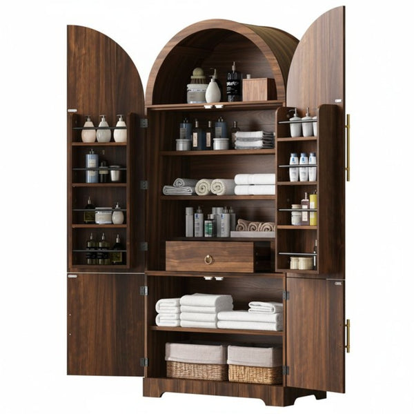 English Elm K&k Fluted Pantry Cabinet Arched Dome Top Brass Pulls Brown Wood Grain Freestanding N707S000020Z