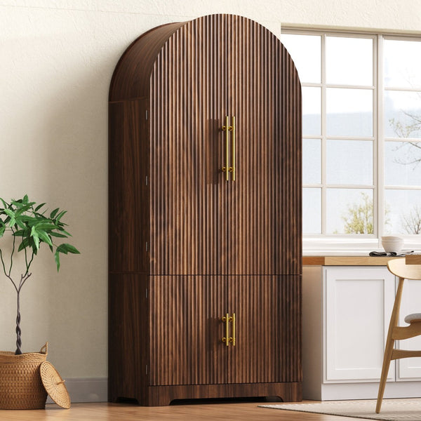 English Elm K&k Fluted Pantry Cabinet Arched Dome Top Brass Pulls Brown Wood Grain Freestanding N707S000020Z