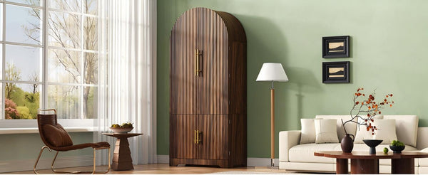 English Elm K&k Fluted Pantry Cabinet Arched Dome Top Brass Pulls Brown Wood Grain Freestanding N707S000020Z