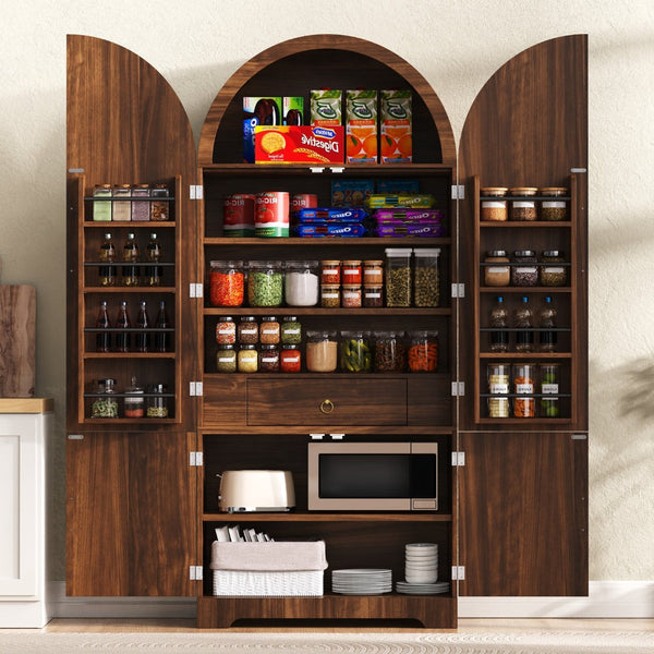 English Elm K&k Fluted Pantry Cabinet Arched Dome Top Brass Pulls Brown Wood Grain Freestanding N707S000020Z