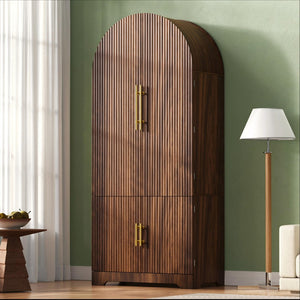 English Elm K&k Fluted Pantry Cabinet Arched Dome Top Brass Pulls Brown Wood Grain Freestanding N707S000020Z