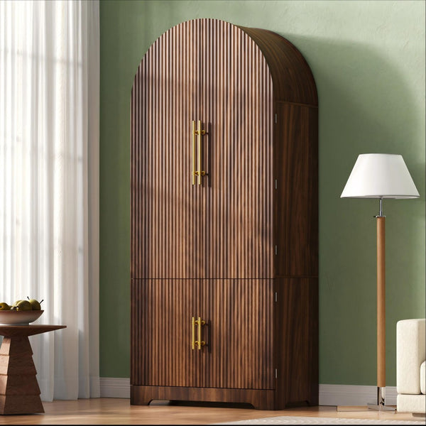 English Elm K&k Fluted Pantry Cabinet Arched Dome Top Brass Pulls Brown Wood Grain Freestanding N707S000020Z