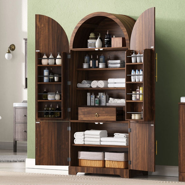 English Elm K&k Fluted Pantry Cabinet Arched Dome Top Brass Pulls Brown Wood Grain Freestanding N707S000020Z
