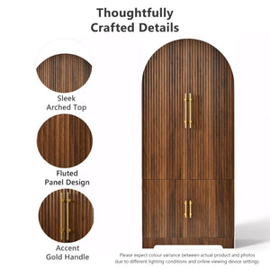 English Elm K&k Fluted Pantry Cabinet Arched Dome Top Brass Pulls Brown Wood Grain Freestanding N707S000020Z