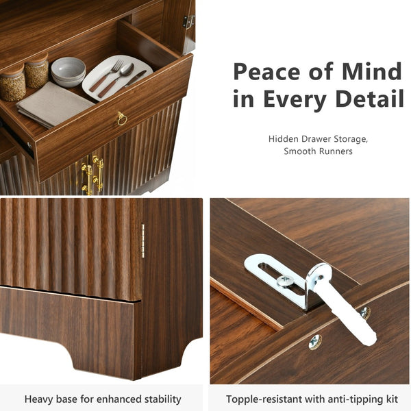 English Elm K&k Fluted Pantry Cabinet Arched Dome Top Brass Pulls Brown Wood Grain Freestanding N707S000020Z