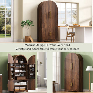 English Elm K&k Fluted Pantry Cabinet Arched Dome Top Brass Pulls Brown Wood Grain Freestanding N707S000020Z