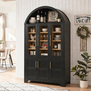 English Elm K&k Farmhouse Pantry Cabinet with Tempered Glass Doors Adjustable Shelves Dining Storage Black N707S000027B