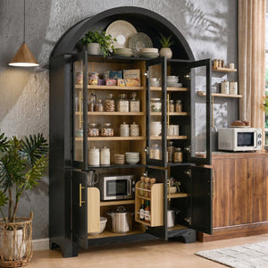 English Elm K&k Farmhouse Pantry Cabinet with Tempered Glass Doors Adjustable Shelves Dining Storage Black N707S000027B