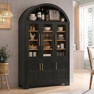 English Elm K&k Farmhouse Pantry Cabinet with Tempered Glass Doors Adjustable Shelves Dining Storage Black N707S000027B
